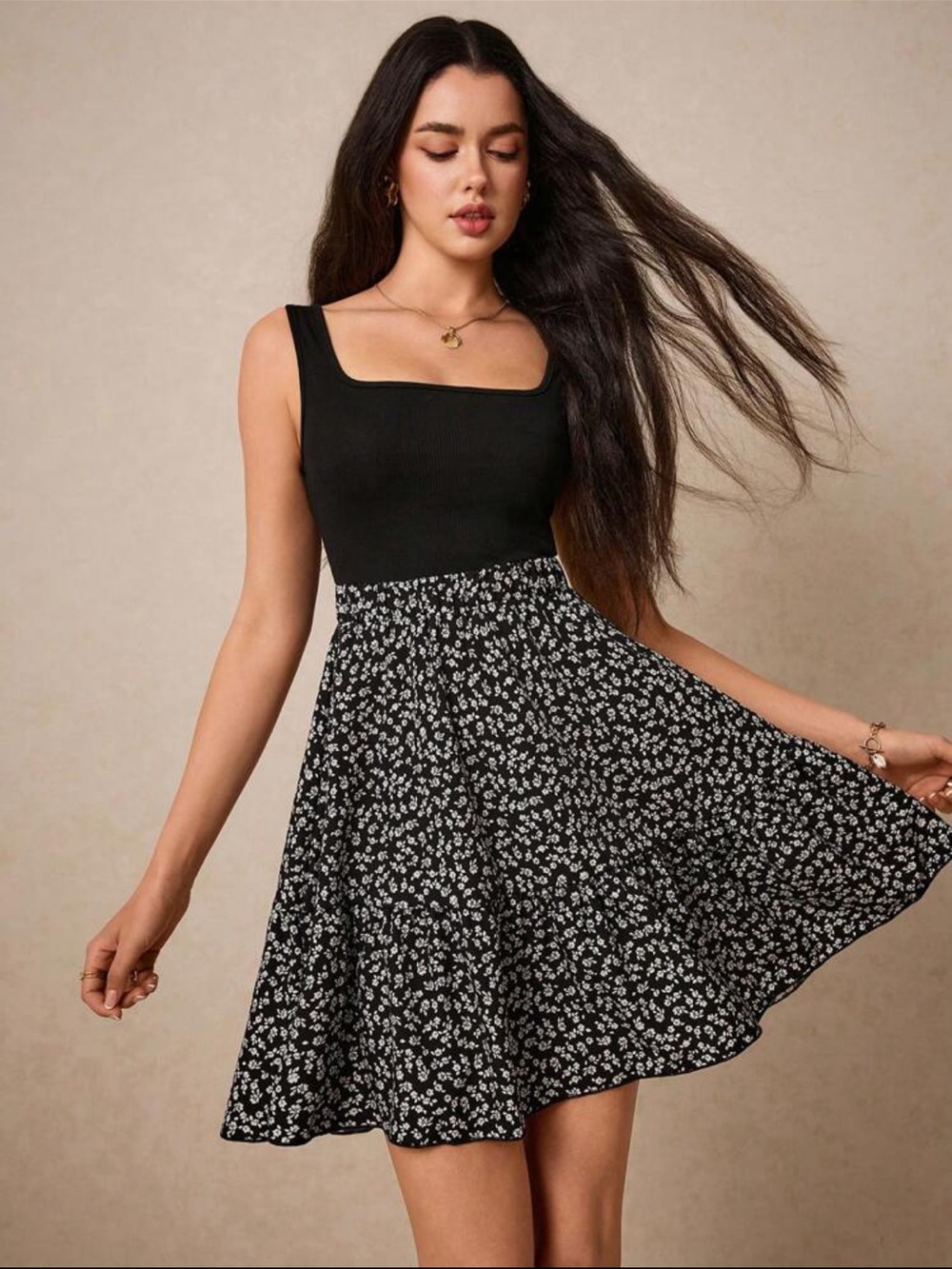 Black Floral Skater Skirt - Women